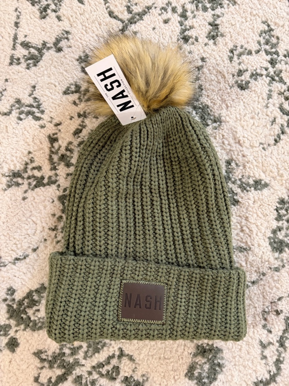 Nash Olive Knit Beanie with Faux-Fur Pom